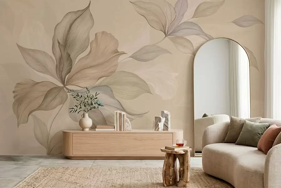 murales de pared Hojas decorativas grandes sobre un fondo cálido w05733