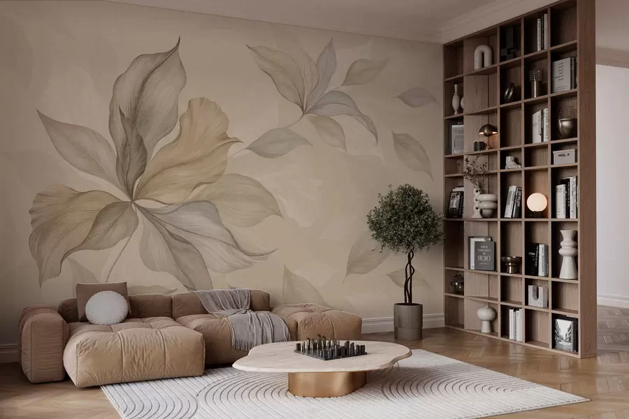 murales de pared Hojas decorativas grandes sobre un fondo cálido w05733