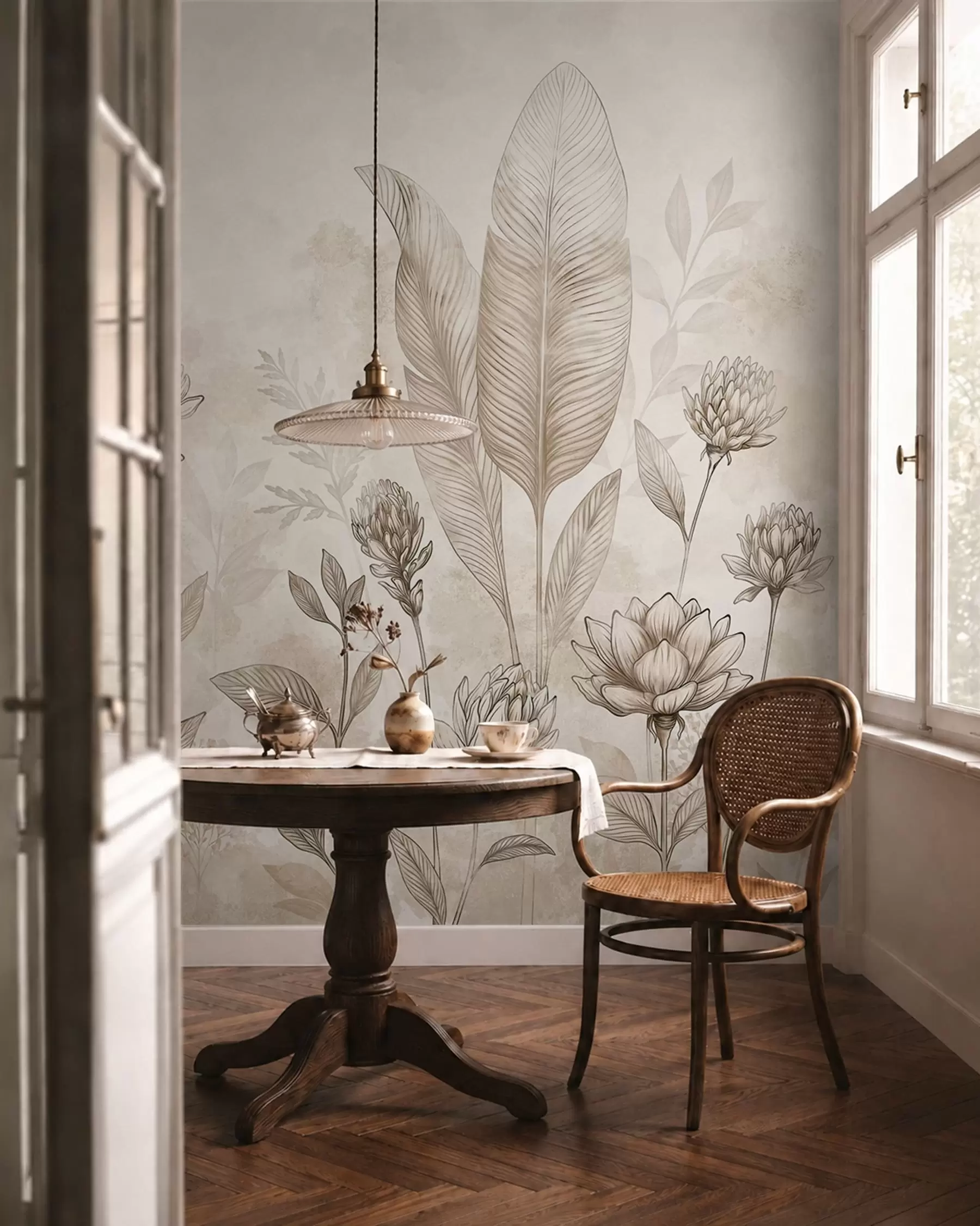 murales de pared Composición botánica con flores y hojas w05802