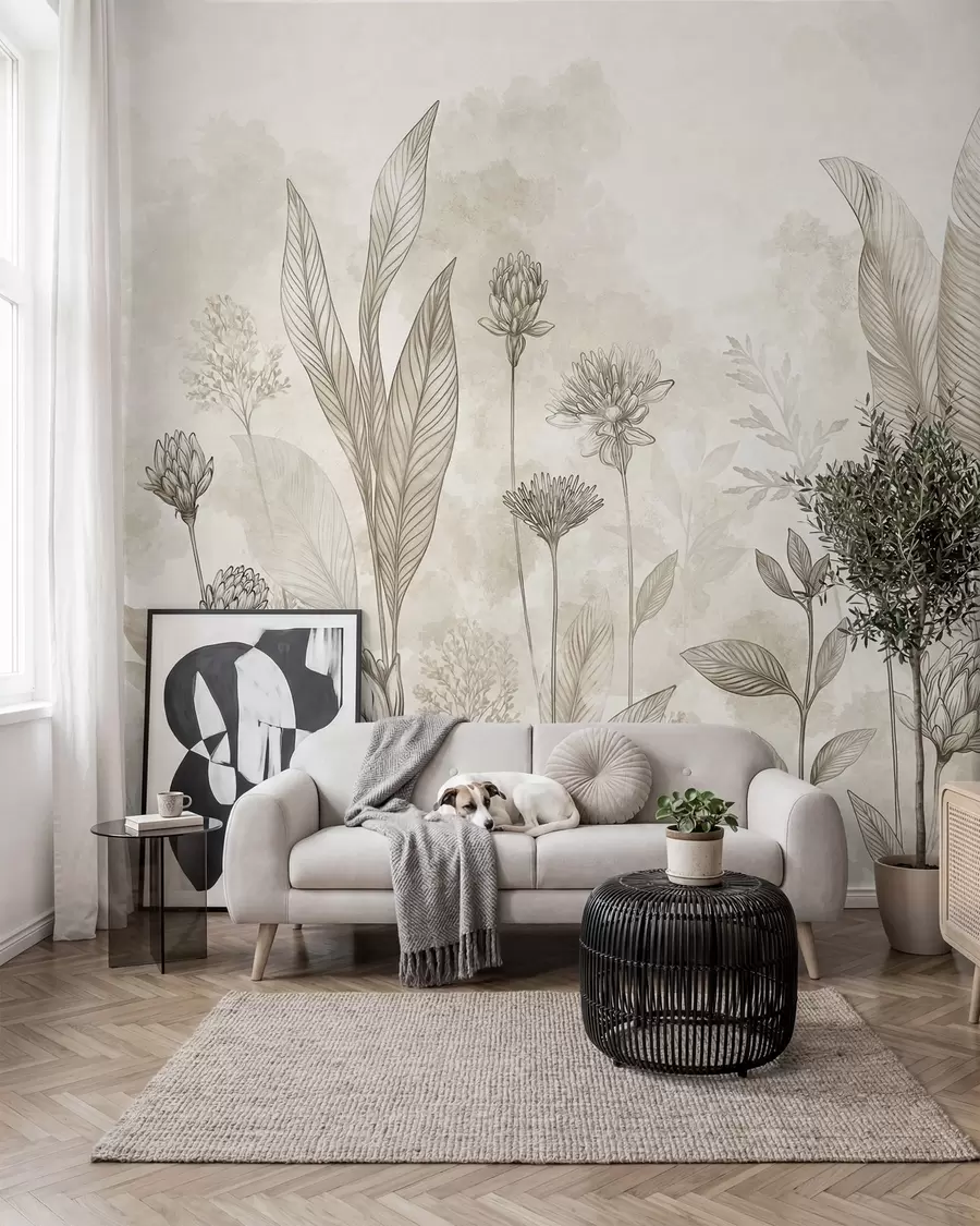 murales de pared Composición botánica con flores y hojas w05802