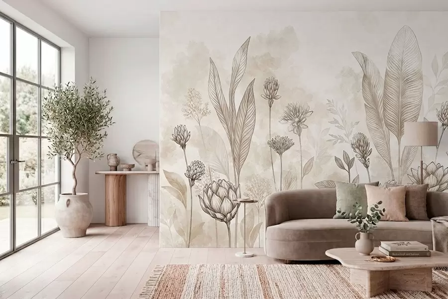 murales de pared Composición botánica con flores y hojas w05802
