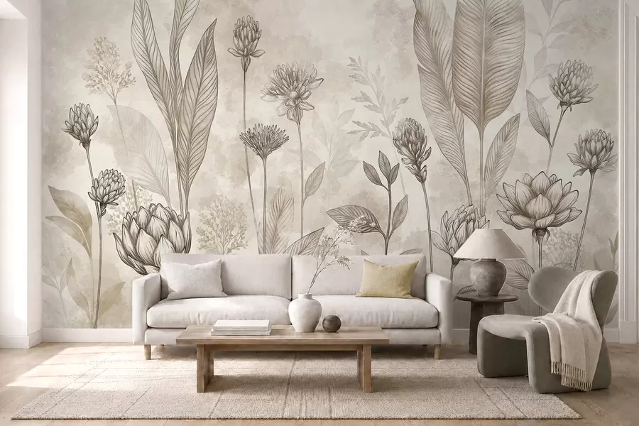 murales de pared Composición botánica con flores y hojas w05802