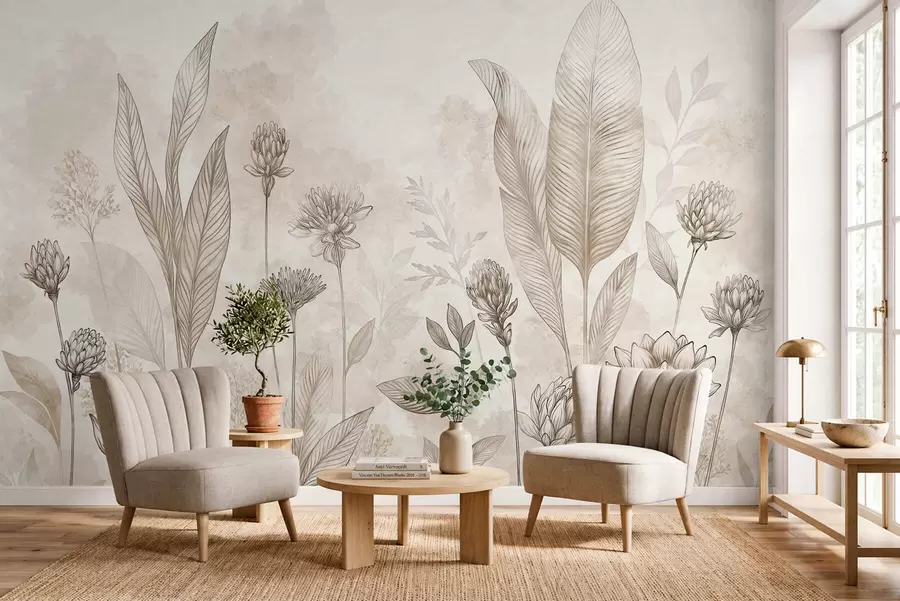 murales de pared Composición botánica con flores y hojas w05802