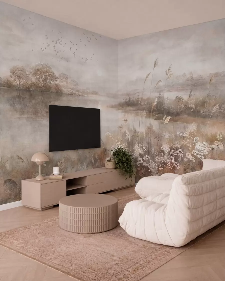 murales de pared Paisaje brumoso a orillas de un lago con flores silvestres w05813
