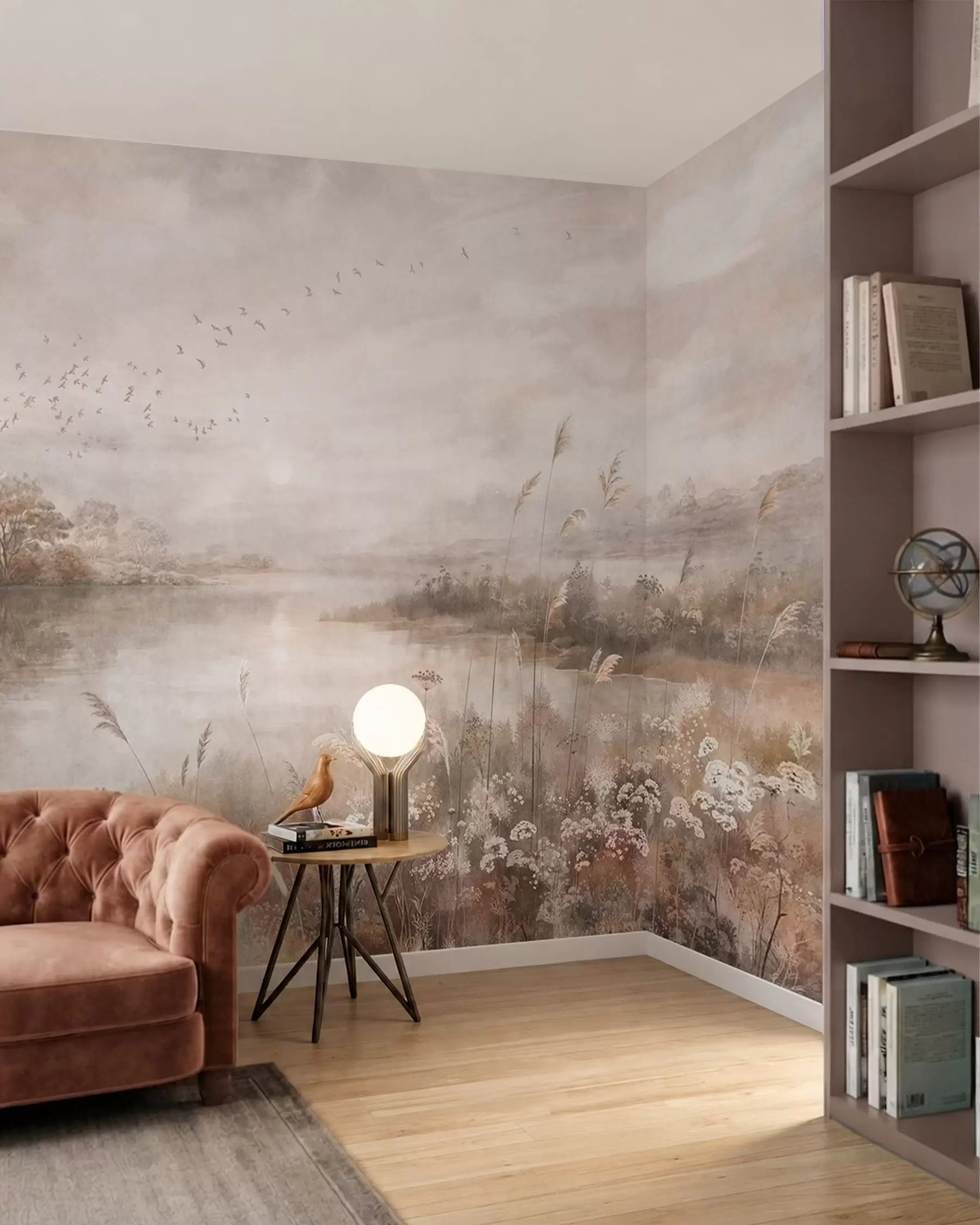 murales de pared Paisaje brumoso a orillas de un lago con flores silvestres w05813