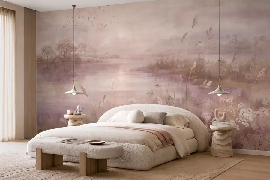 murales de pared Lago de tonos rosados con flores silvestres w05813v1
