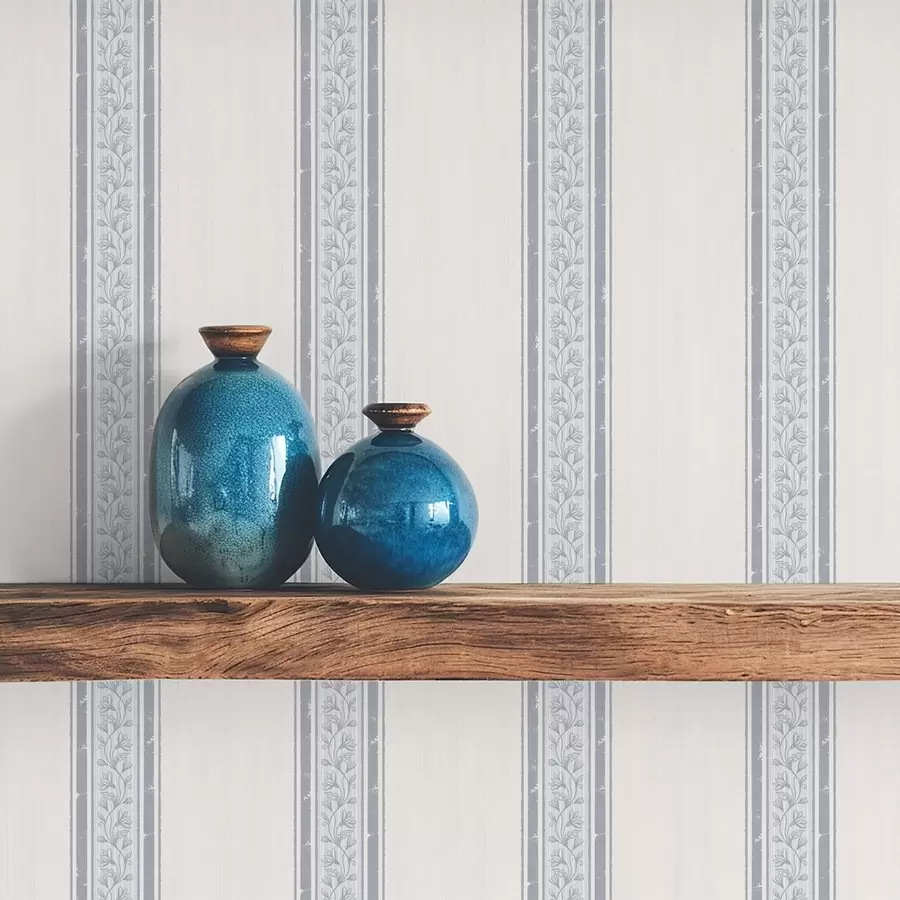 murales de pared Rayas azul claro y gris con hojas a01249v1