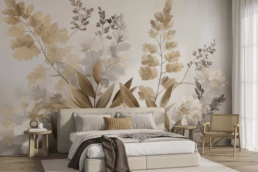 murales de pared Arte botánico con textura, diversas plantas y hojas en tonos marrones y beige w09979