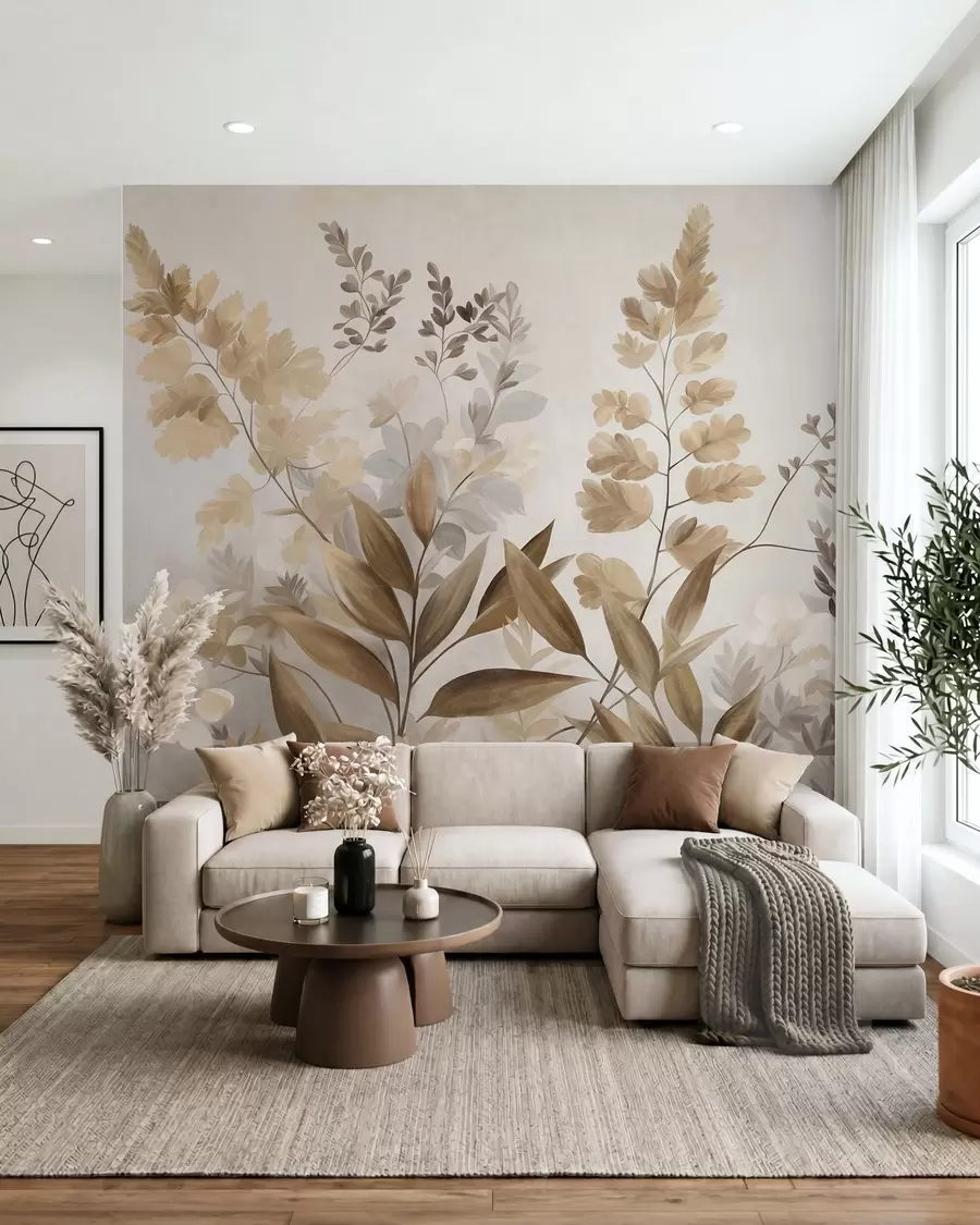 murales de pared Arte botánico con textura, diversas plantas y hojas en tonos marrones y beige w09979