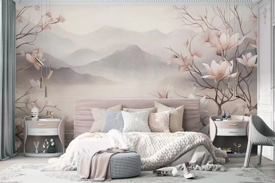 murales de pared Montañas y ramas de magnolia en flor de color rosa, paisaje con textura w10013