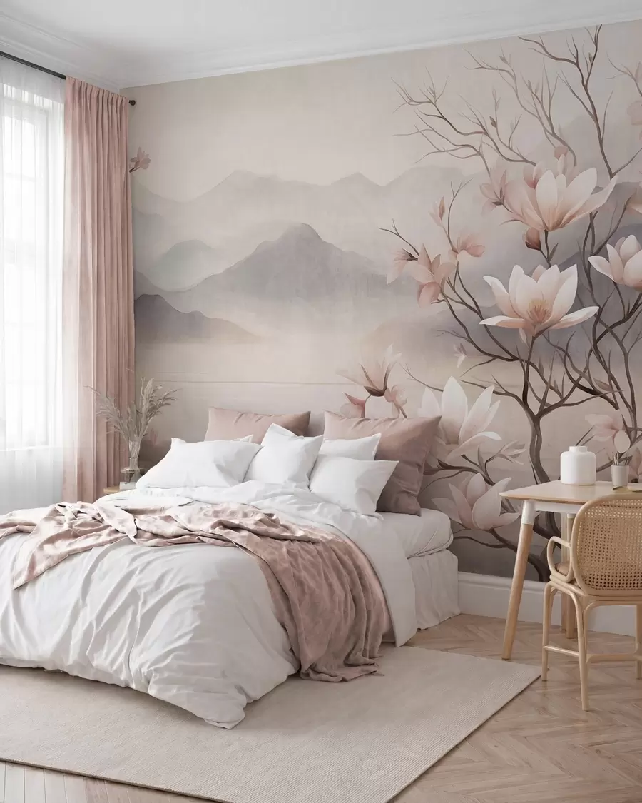 murales de pared Montañas y ramas de magnolia en flor de color rosa, paisaje con textura w10013