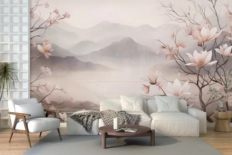 murales de pared Montañas y ramas de magnolia en flor de color rosa, paisaje con textura w10013