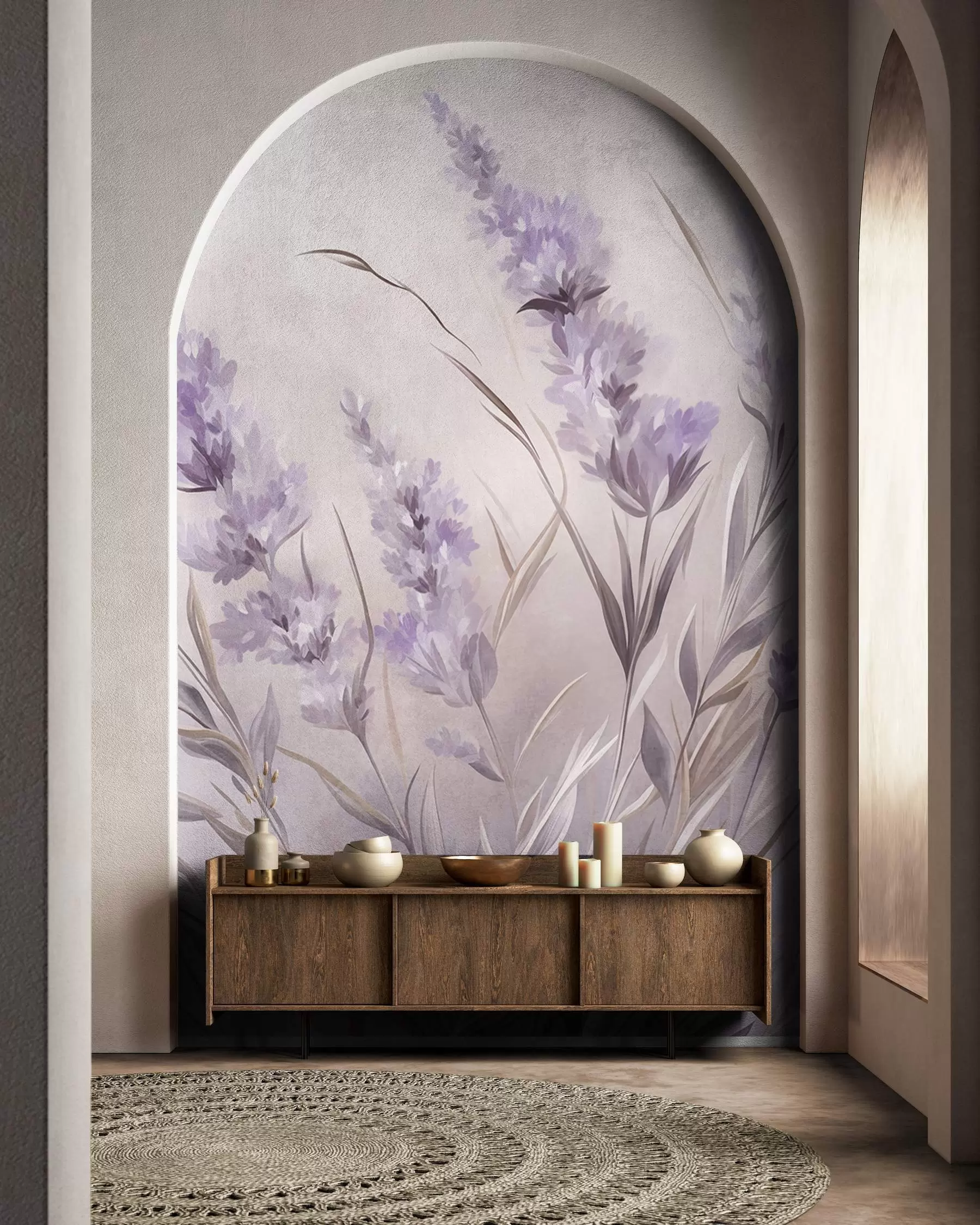 murales de pared Flores de lavanda con tallos y hojas largos, obra de arte con una textura suave en tonos pastel w10018