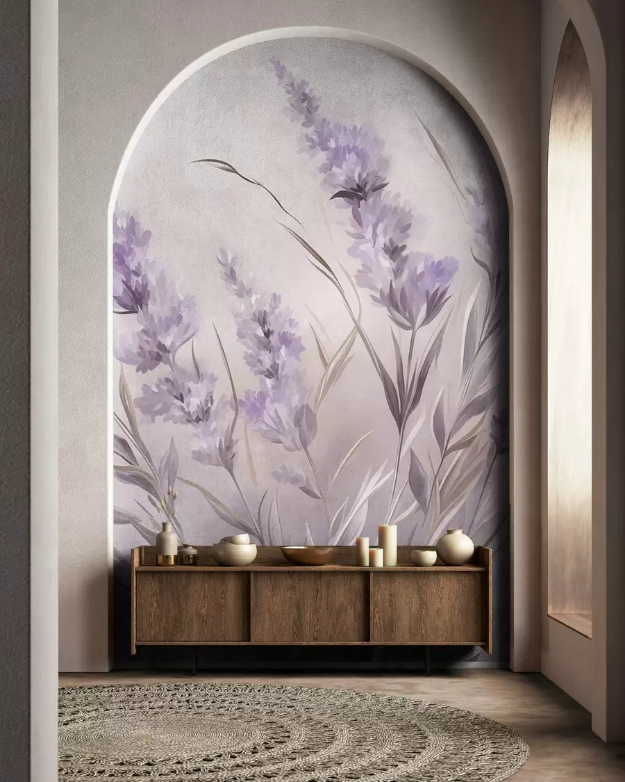 murales de pared Flores de lavanda con tallos y hojas largos, obra de arte con una textura suave en tonos pastel w10018