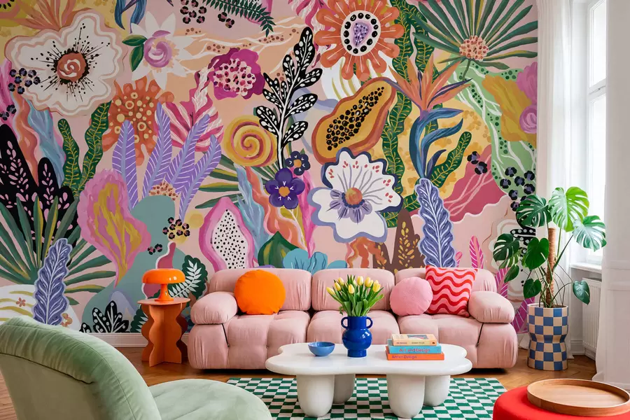 murales de pared Motivo tropical muy llamativo con flores, hojas y frutas de colores vivos w05815