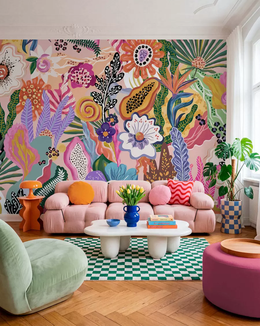 murales de pared Motivo tropical muy llamativo con flores, hojas y frutas de colores vivos w05815