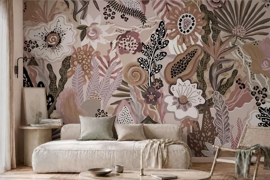 murales de pared Motivo tropical en tonos empolvados con flores, hojas y tonos suaves y apagados w05815v1