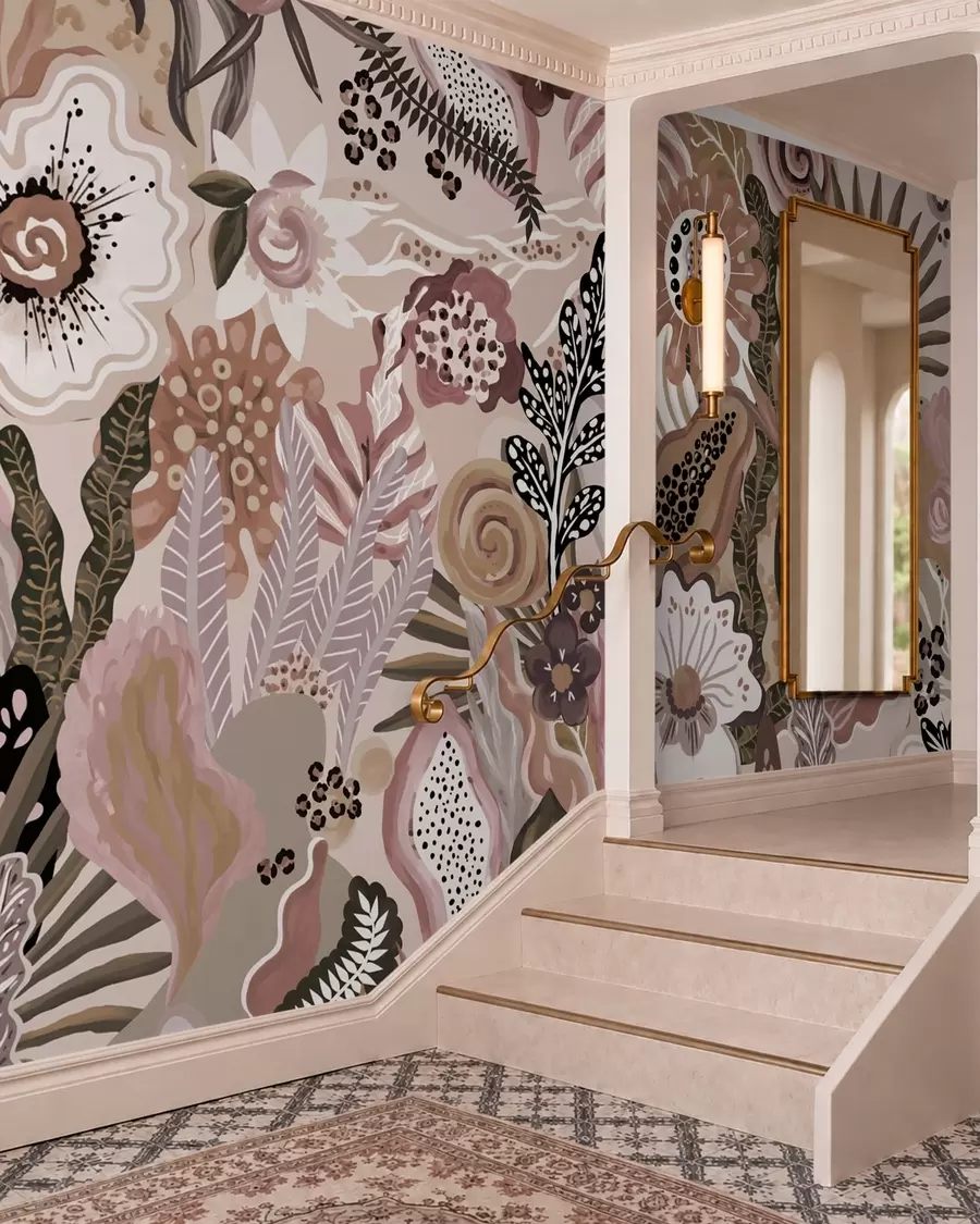 murales de pared Motivo tropical en tonos empolvados con flores, hojas y tonos suaves y apagados w05815v1