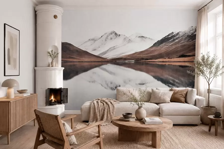 murales de pared Cumbres nevadas y un lago tranquilo con un reflejo como un espejo w05816