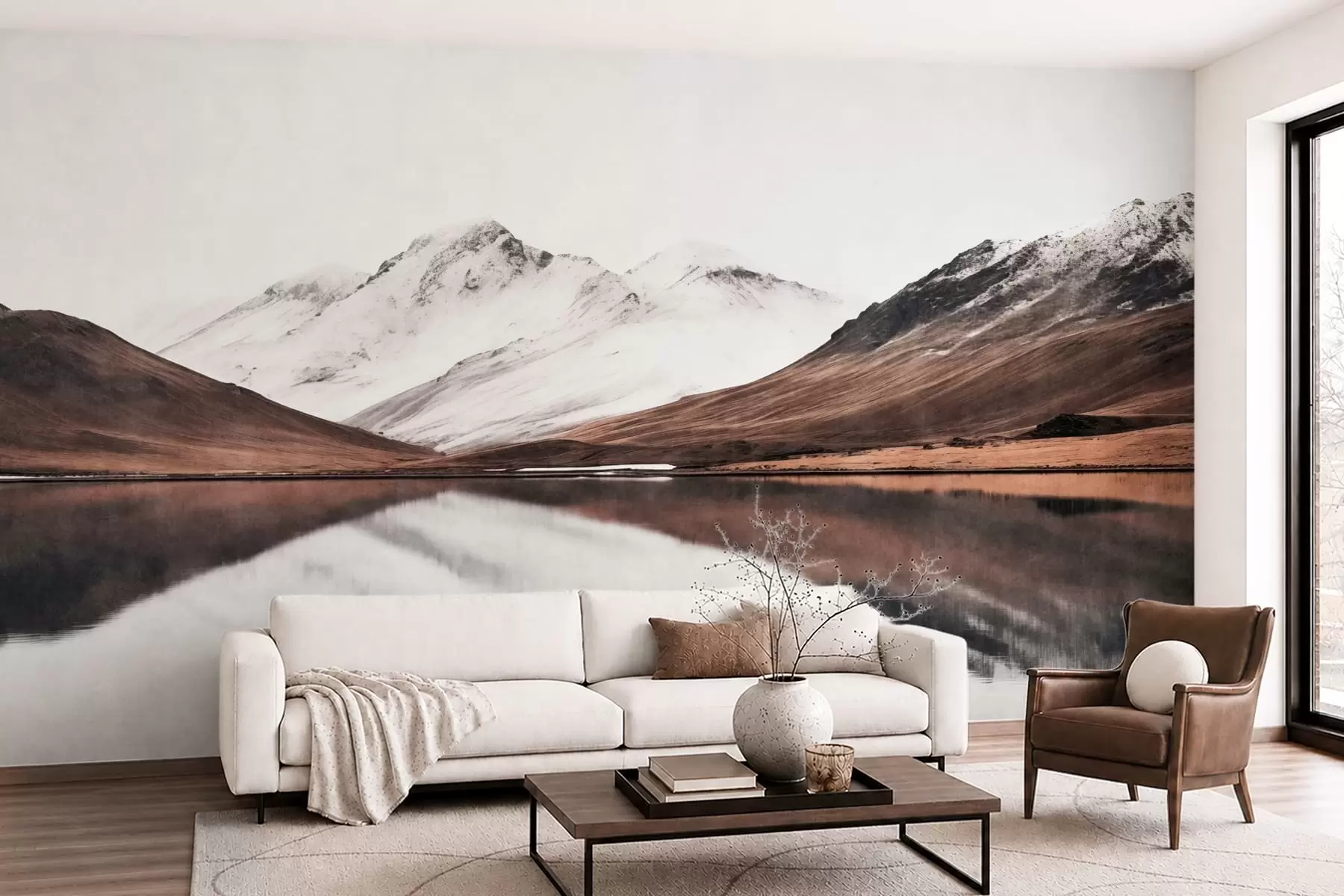 murales de pared Cumbres nevadas y un lago tranquilo con un reflejo como un espejo w05816