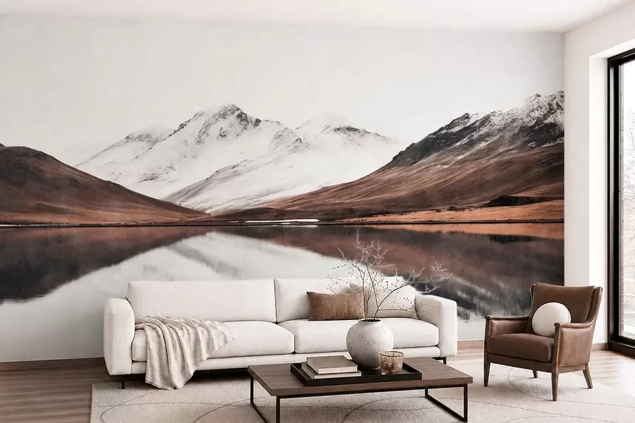 murales de pared Cumbres nevadas y un lago tranquilo con un reflejo como un espejo w05816