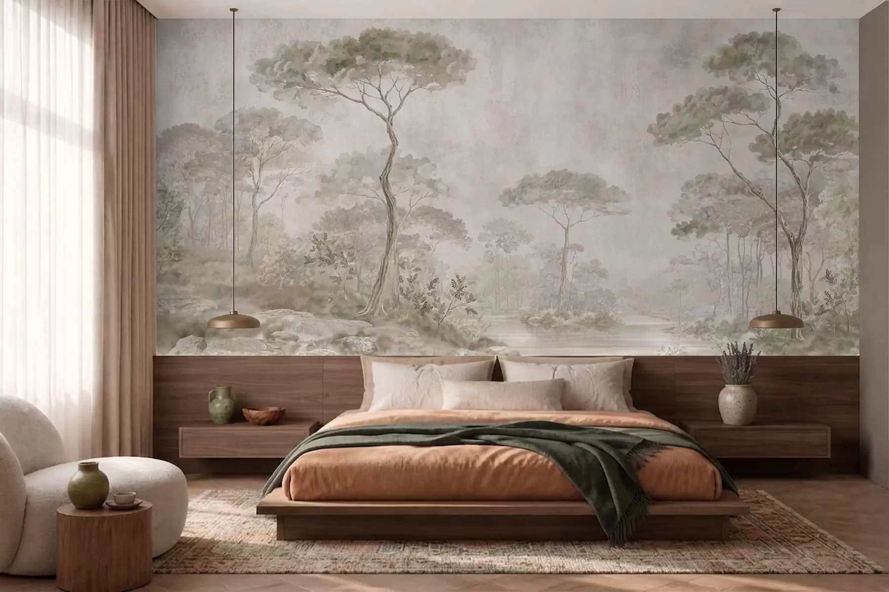 murales de pared Un bosque brumoso junto a unas aguas tranquilas, en suaves tonos pastel naturales w05817