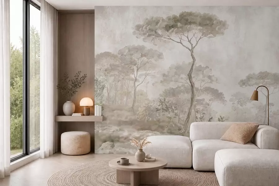 murales de pared Un bosque brumoso junto a unas aguas tranquilas, en suaves tonos pastel naturales w05817