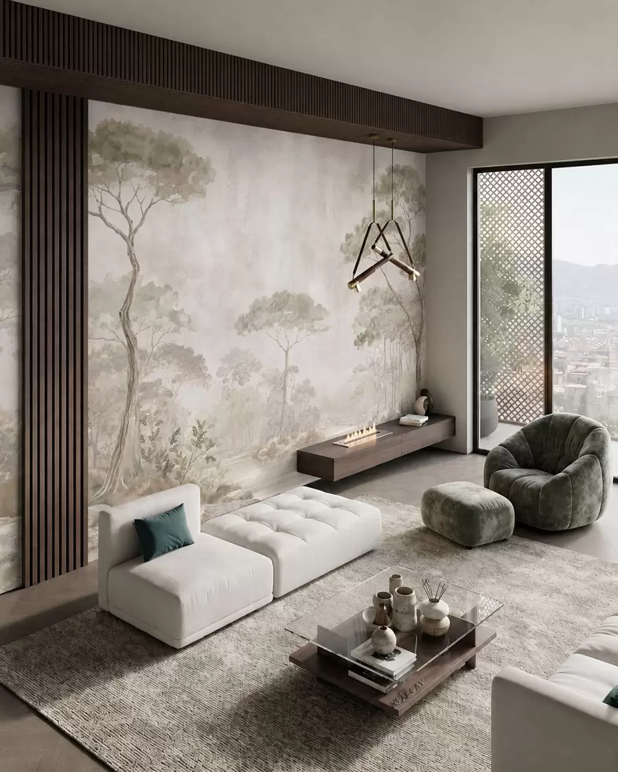 murales de pared Un bosque brumoso junto a unas aguas tranquilas, en suaves tonos pastel naturales w05817