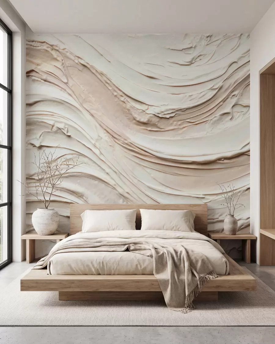murales de pared Ondas cálidas en tonos crema y melocotón que imitan el yeso texturizado, abstractas w09990