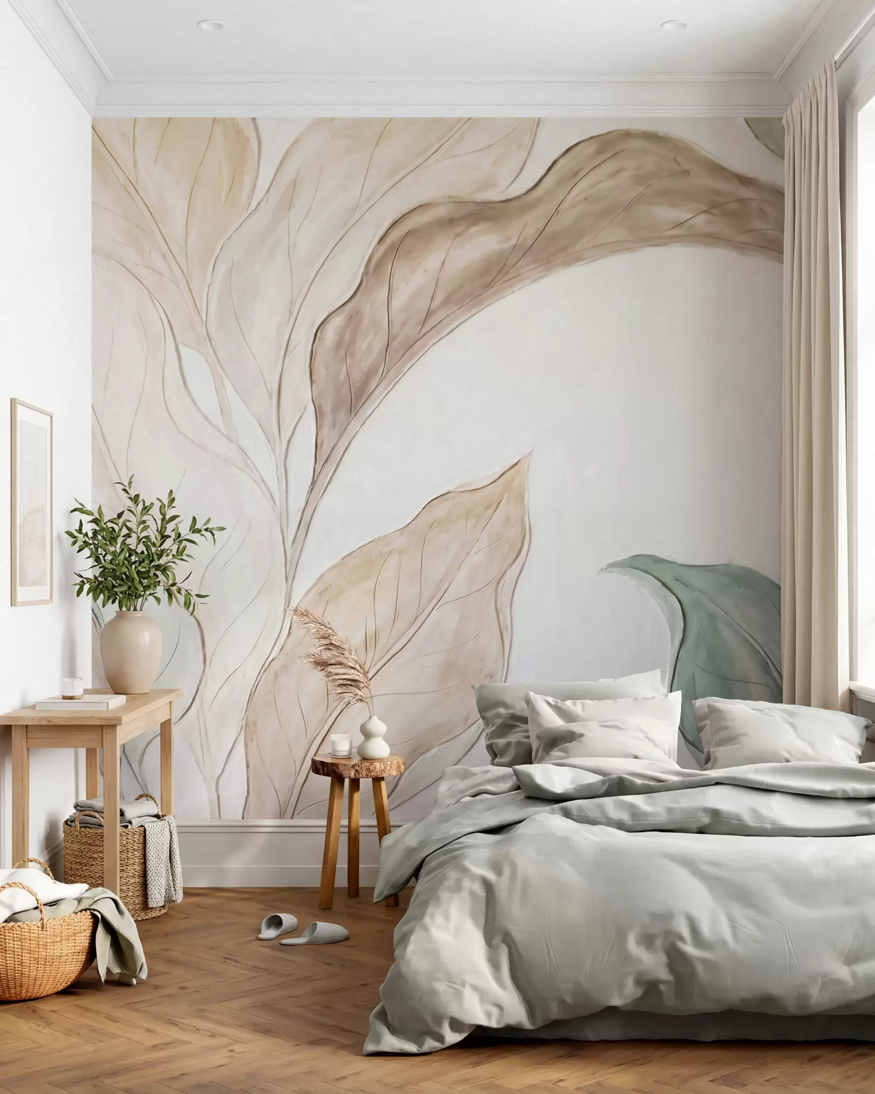 murales de pared Imitación de hojas delicadas de color beige verdoso, moldeadas en relieve w09991