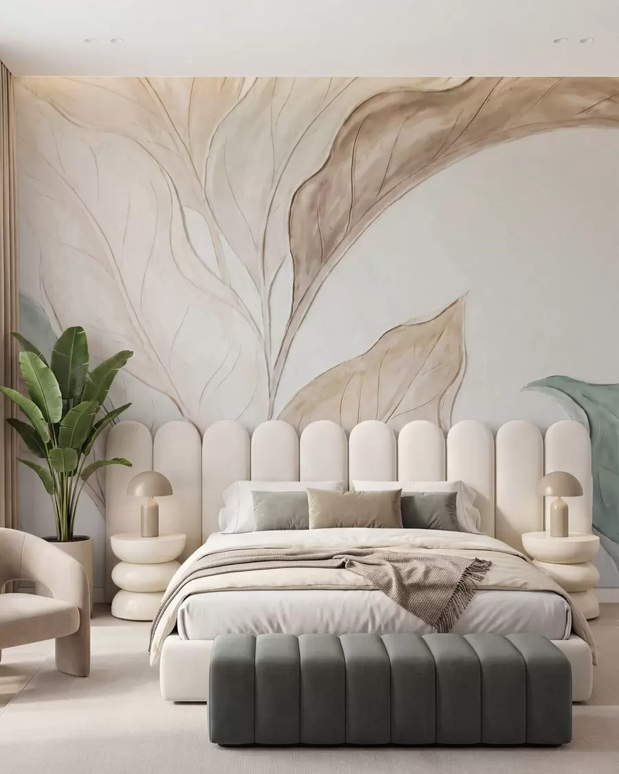 murales de pared Imitación de hojas delicadas de color beige verdoso, moldeadas en relieve w09991