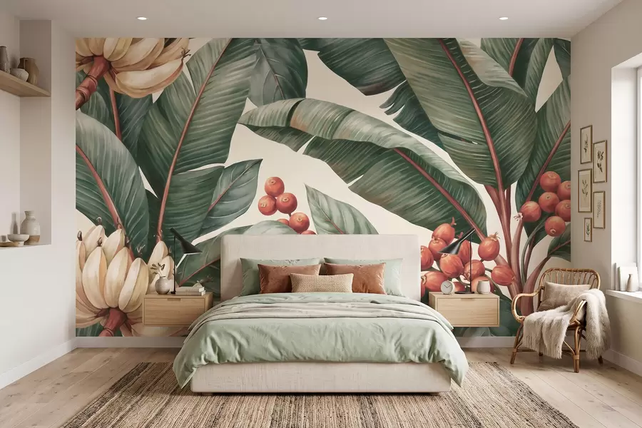 murales de pared Hojas de plátano tropicales con racimos de bayas de café rojas, estilo acuarela w09997
