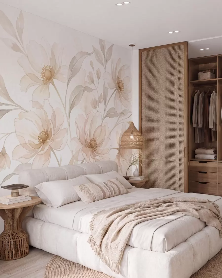 murales de pared Peonías etéreas en suaves tonos beige empolvado w10002