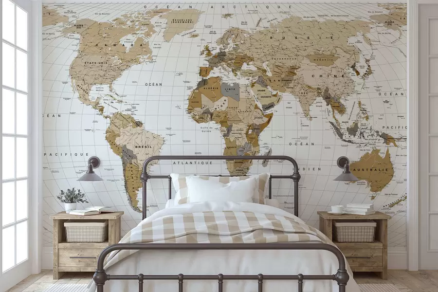 murales de pared Un mapa político del mundo en tonos marrones con banderas en francés c00016fr