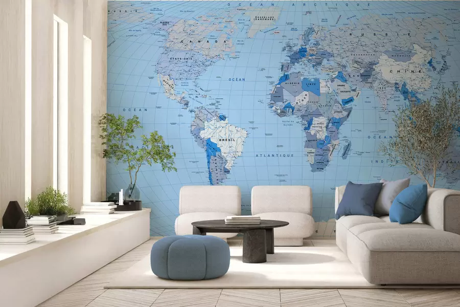 murales de pared Mapa político del mundo en azul con banderas, en francés c00016frv2