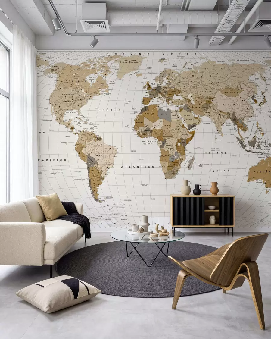 murales de pared Un mapa político del mundo en color marrón con banderas en español c00016es