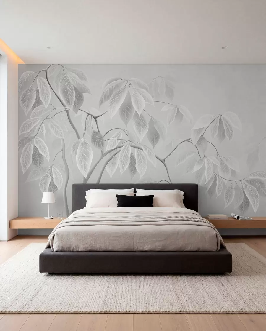 murales de pared Ramas claras con hojas grandes sobre un fondo suave w05806