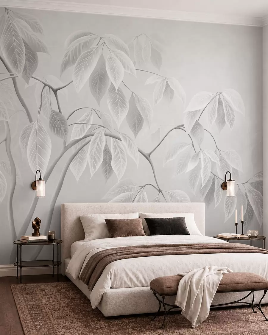murales de pared Ramas claras con hojas grandes sobre un fondo suave w05806