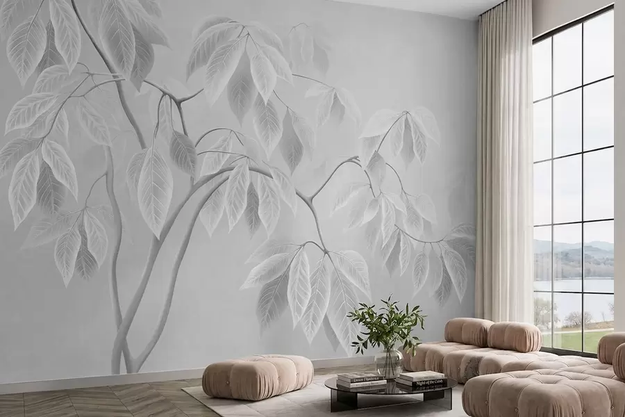 murales de pared Ramas claras con hojas grandes sobre un fondo suave w05806