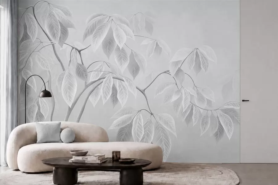 murales de pared Ramas claras con hojas grandes sobre un fondo suave w05806