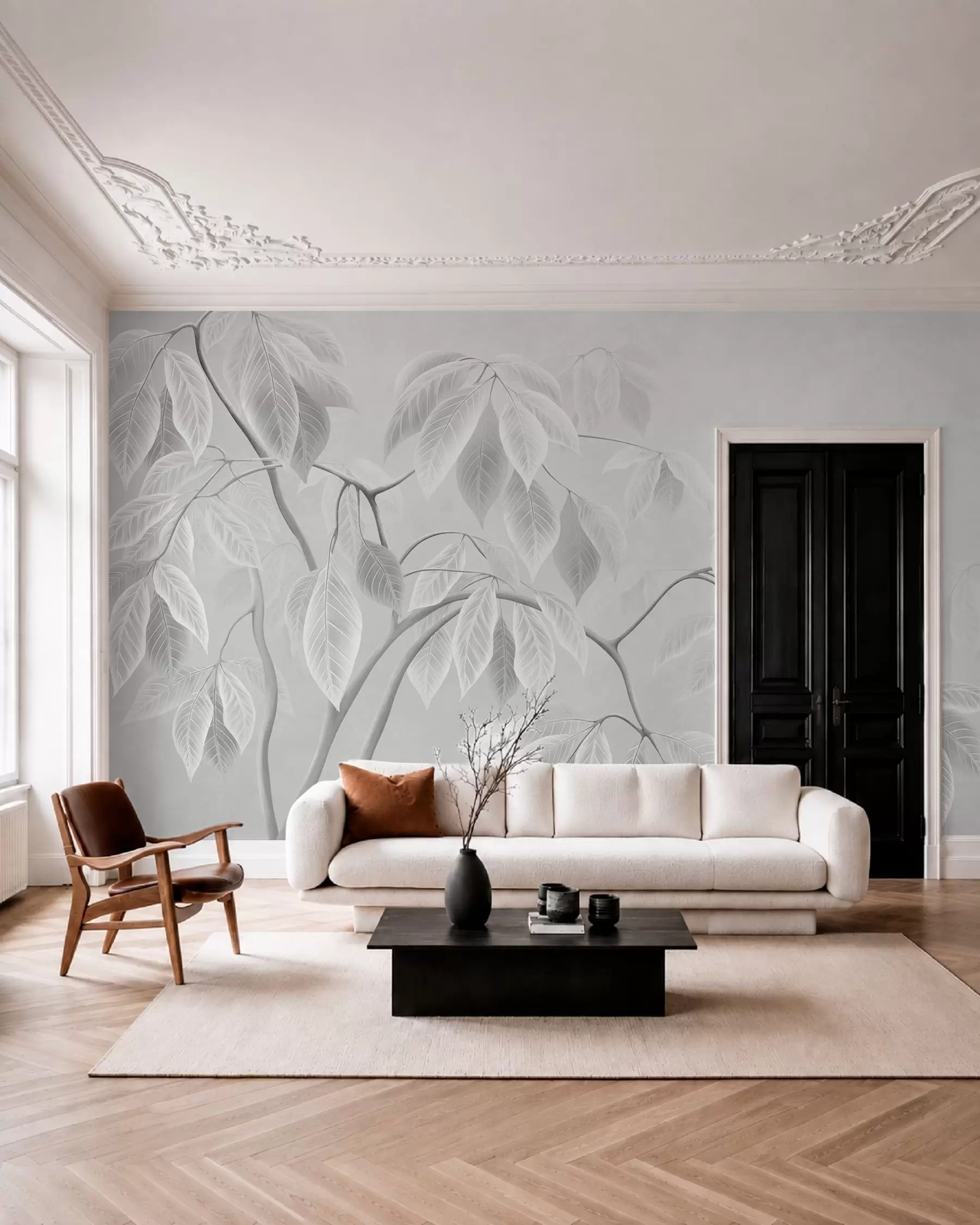 murales de pared Ramas claras con hojas grandes sobre un fondo suave w05806