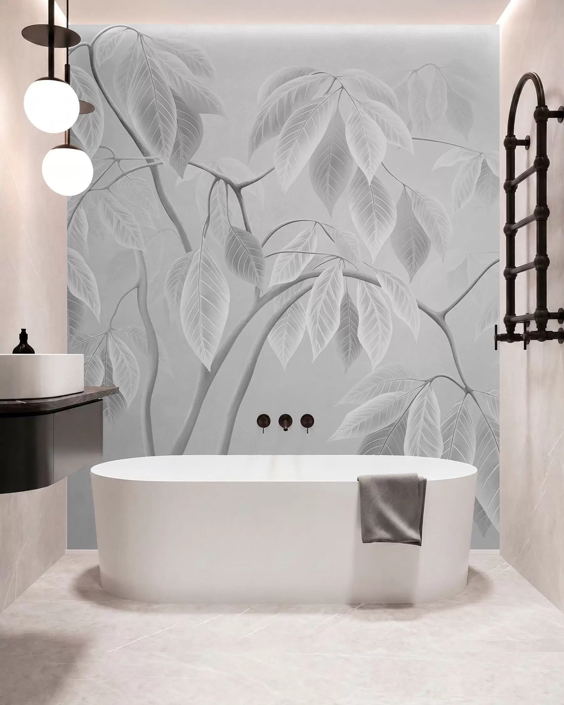 murales de pared Ramas claras con hojas grandes sobre un fondo suave w05806