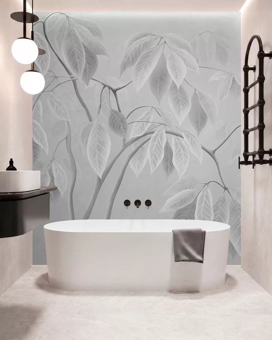 murales de pared Ramas claras con hojas grandes sobre un fondo suave w05806
