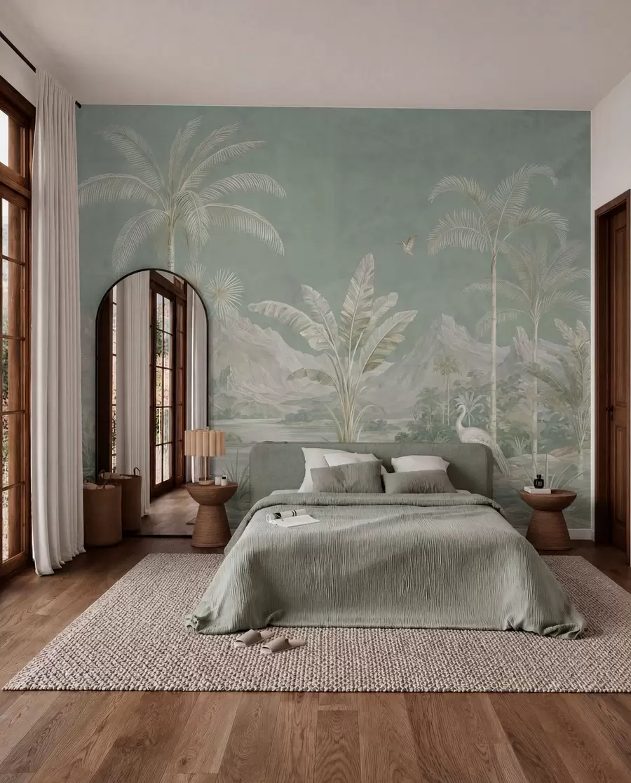 murales de pared Paisaje tropical en suaves tonos verdes w05819