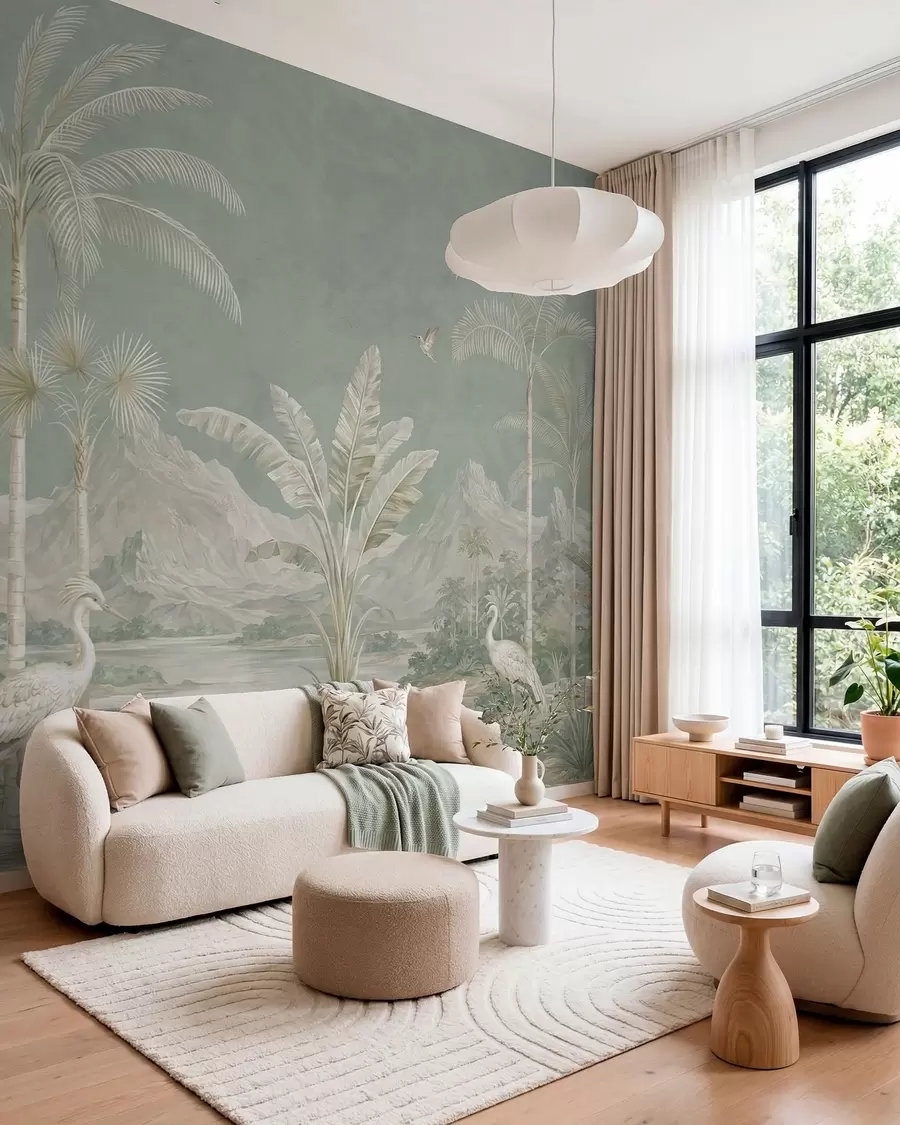 murales de pared Paisaje tropical en suaves tonos verdes w05819