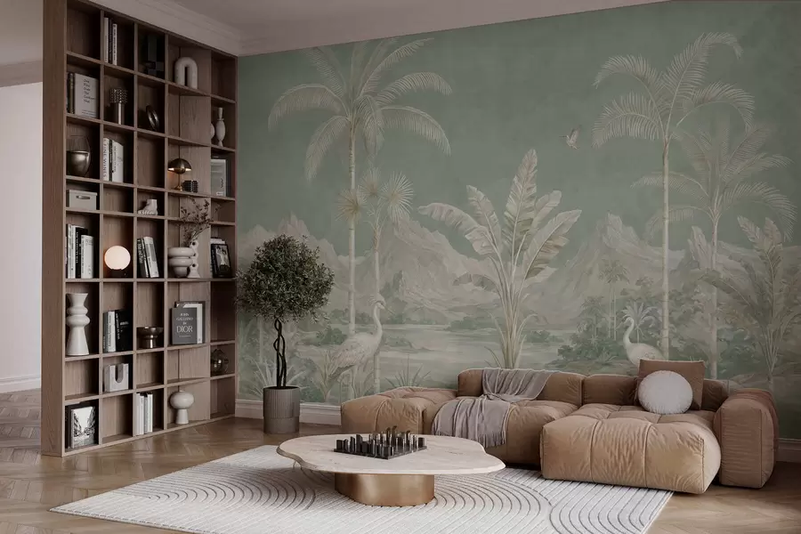 murales de pared Paisaje tropical en suaves tonos verdes w05819