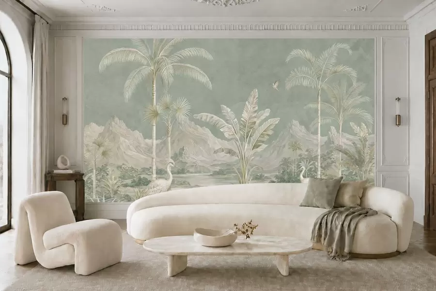 murales de pared Paisaje tropical en suaves tonos verdes w05819