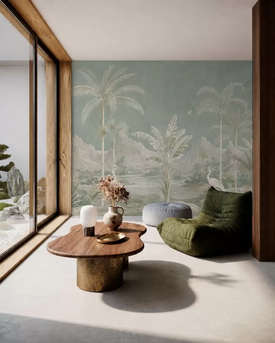 murales de pared Paisaje tropical en suaves tonos verdes w05819