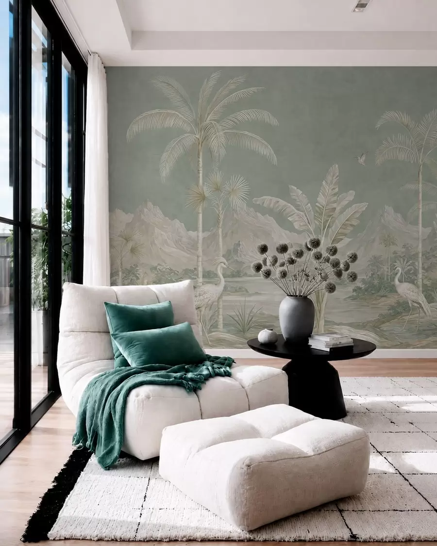 murales de pared Paisaje tropical en suaves tonos verdes w05819