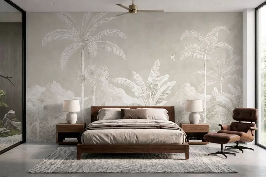 murales de pared Paisaje tropical luminoso con palmeras, pájaros y montañas w05819v1